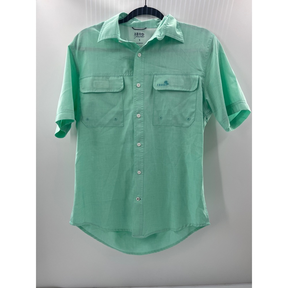 IZOD Saltwater Mens Small Mint Green Short Sleeve Button Down Fishing Shirt